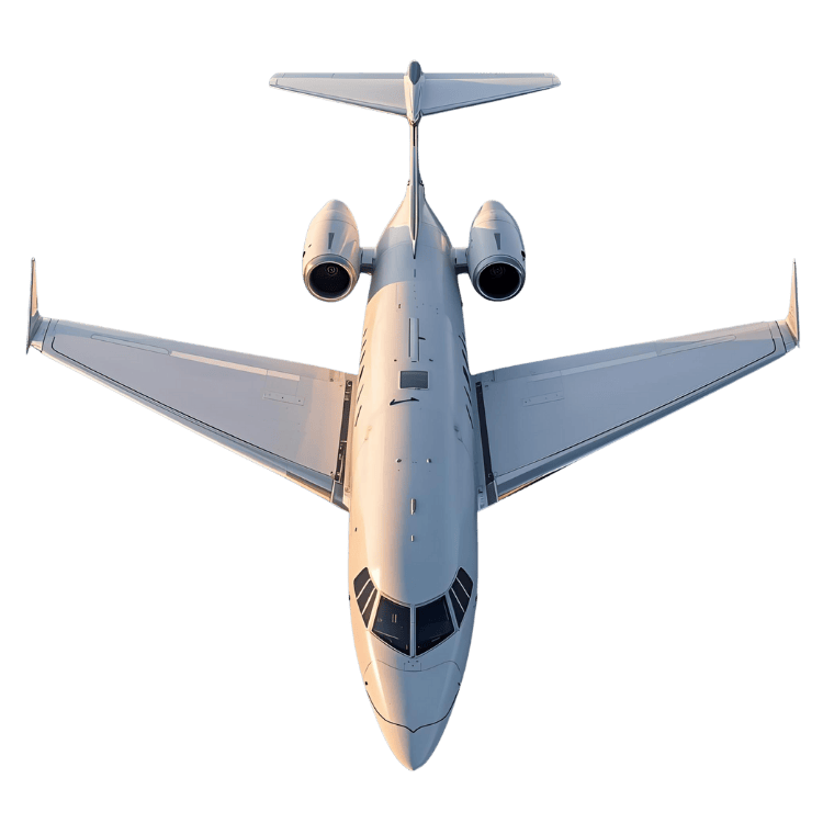 Top-down view of white private jet with swept wings, T-tail, and twin rear-mounted engines isolated on white background.