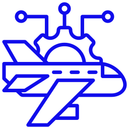 Blue aviation technology icon with airplane, gear, and circuit lines representing smart aircraft maintenance and avionics.