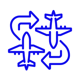 Blue icon of three airplanes with looping arrows indicating flight routes and aircraft repositioning.