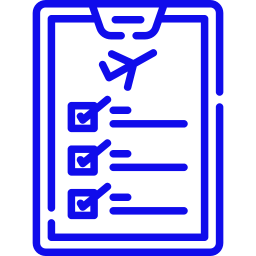 Clipboard icon with airplane symbol and three checked items indicating completed flight or travel checklist.