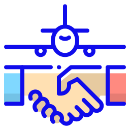 Handshake icon with airplane overhead representing aviation partnership and trusted aircraft deals.