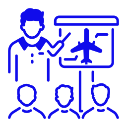 Aviation instructor teaching three students using an airplane diagram on a classroom screen icon.