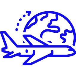 Blue airplane and globe icon with dotted flight path representing worldwide air travel.