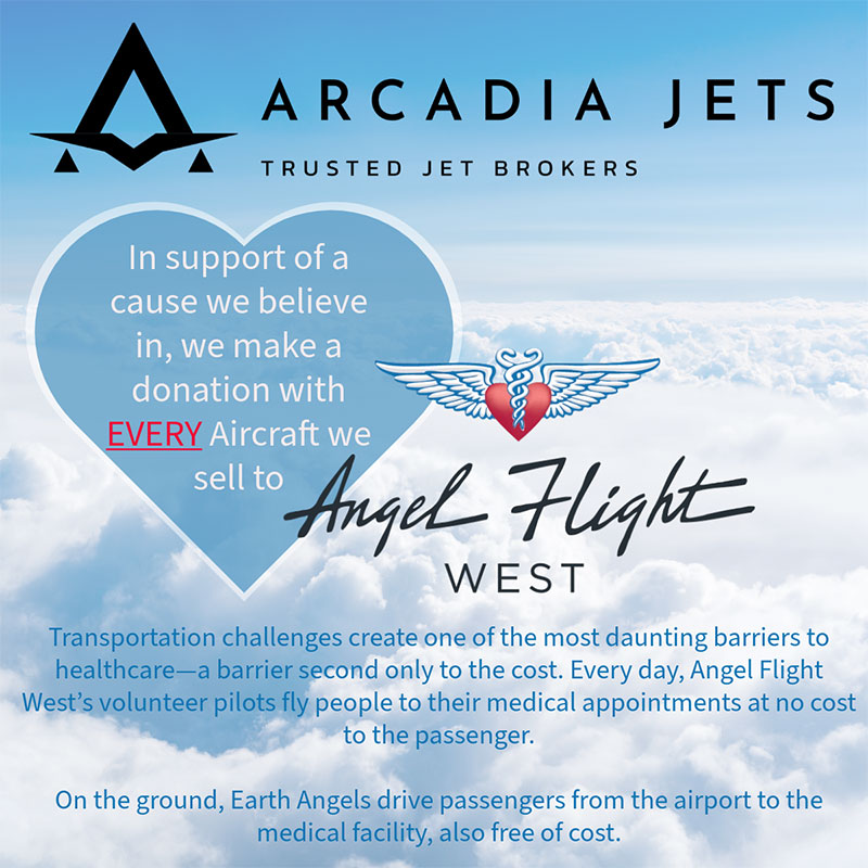 Arcadia Jets charity graphic announcing donations from every aircraft sale to Angel Flight West, which provides free volunteer-pilot flights to medical care.