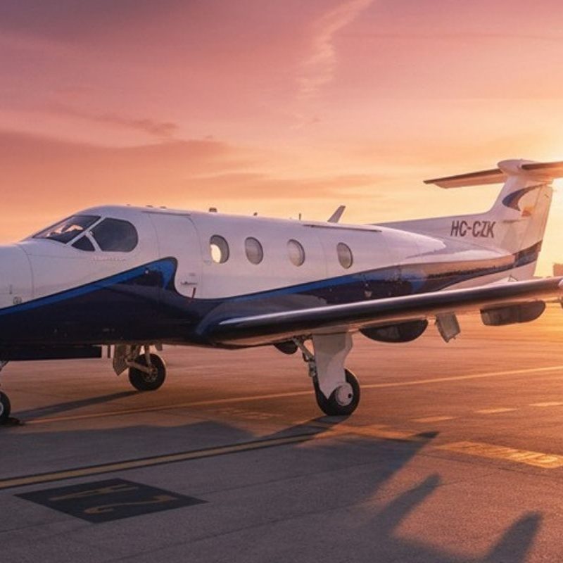 Private turboprop airplane on airport runway at sunset, sleek blue and white livery, luxury charter flight ready.