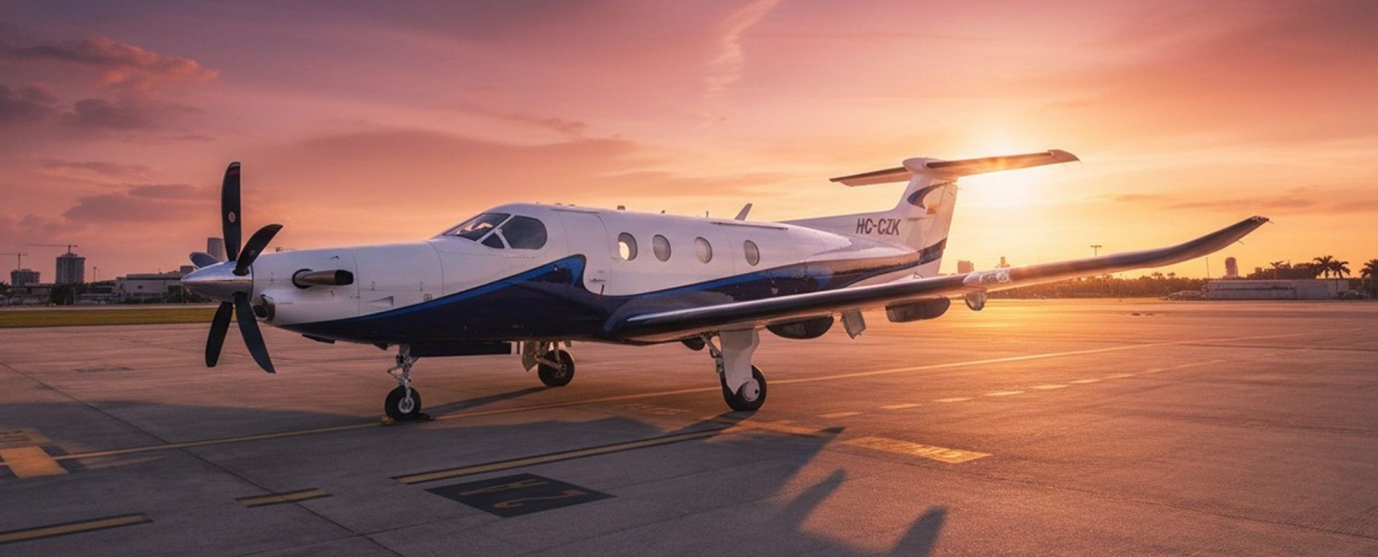 Private turboprop airplane on airport runway at sunset, sleek blue and white livery, luxury charter flight ready.