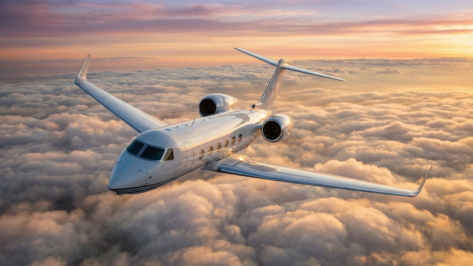 Luxury private jet cruising above clouds at sunset, sleek business jet for executive travel