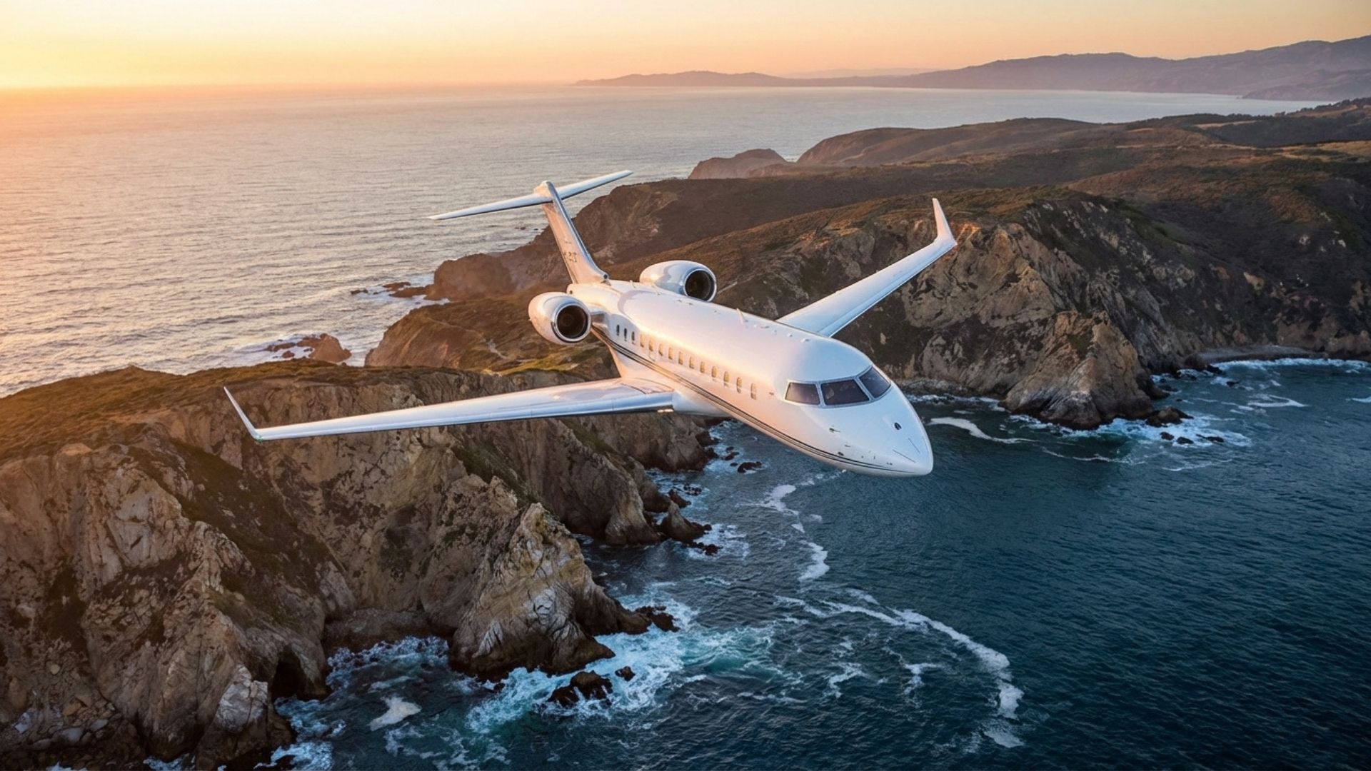Private jet charter flying over coastal cliffs at sunset, luxury business aviation travel
