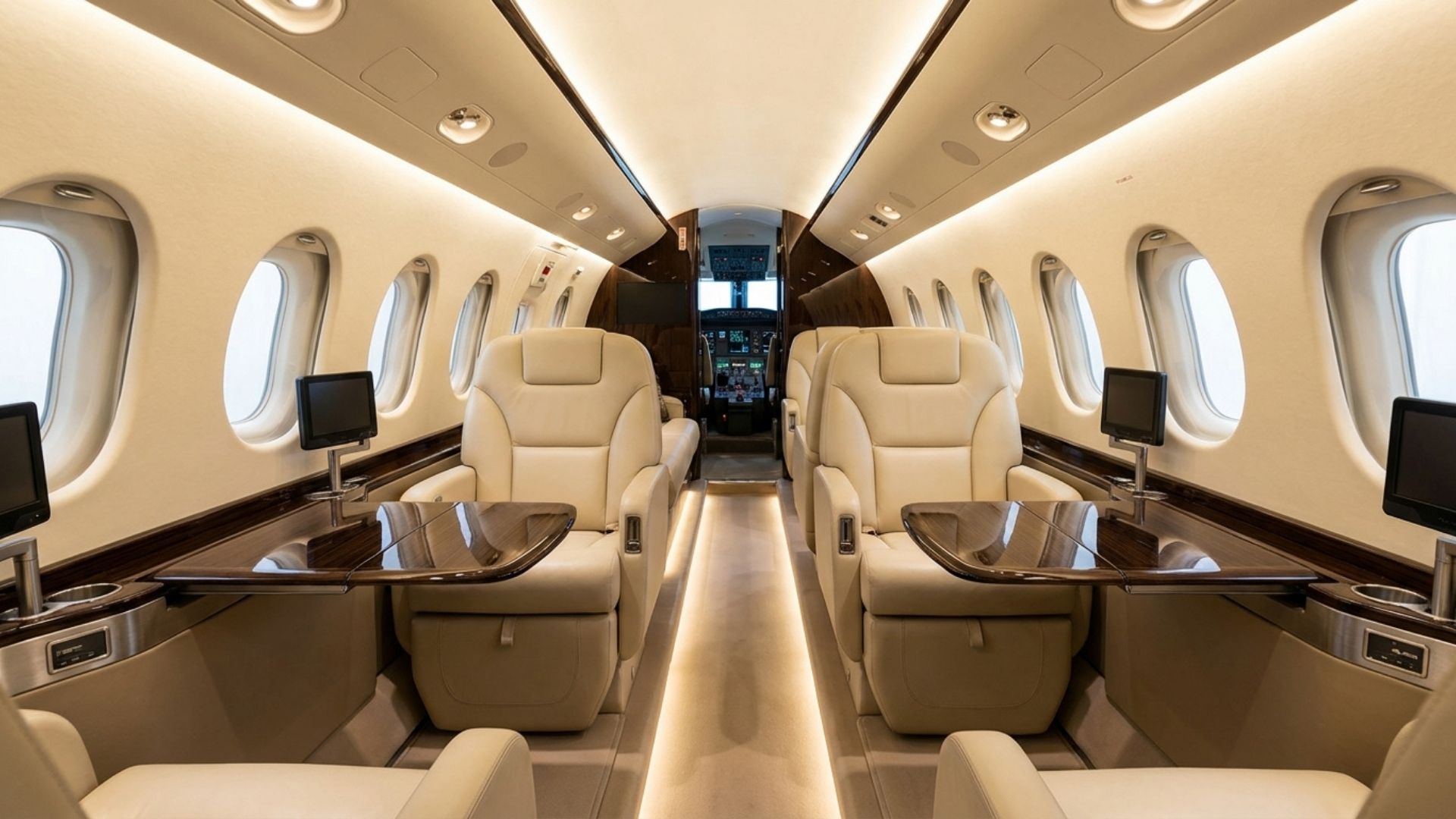 Executive luxury private jet cabin with cream leather seats, fold-out wood tables, aisle lighting and screens