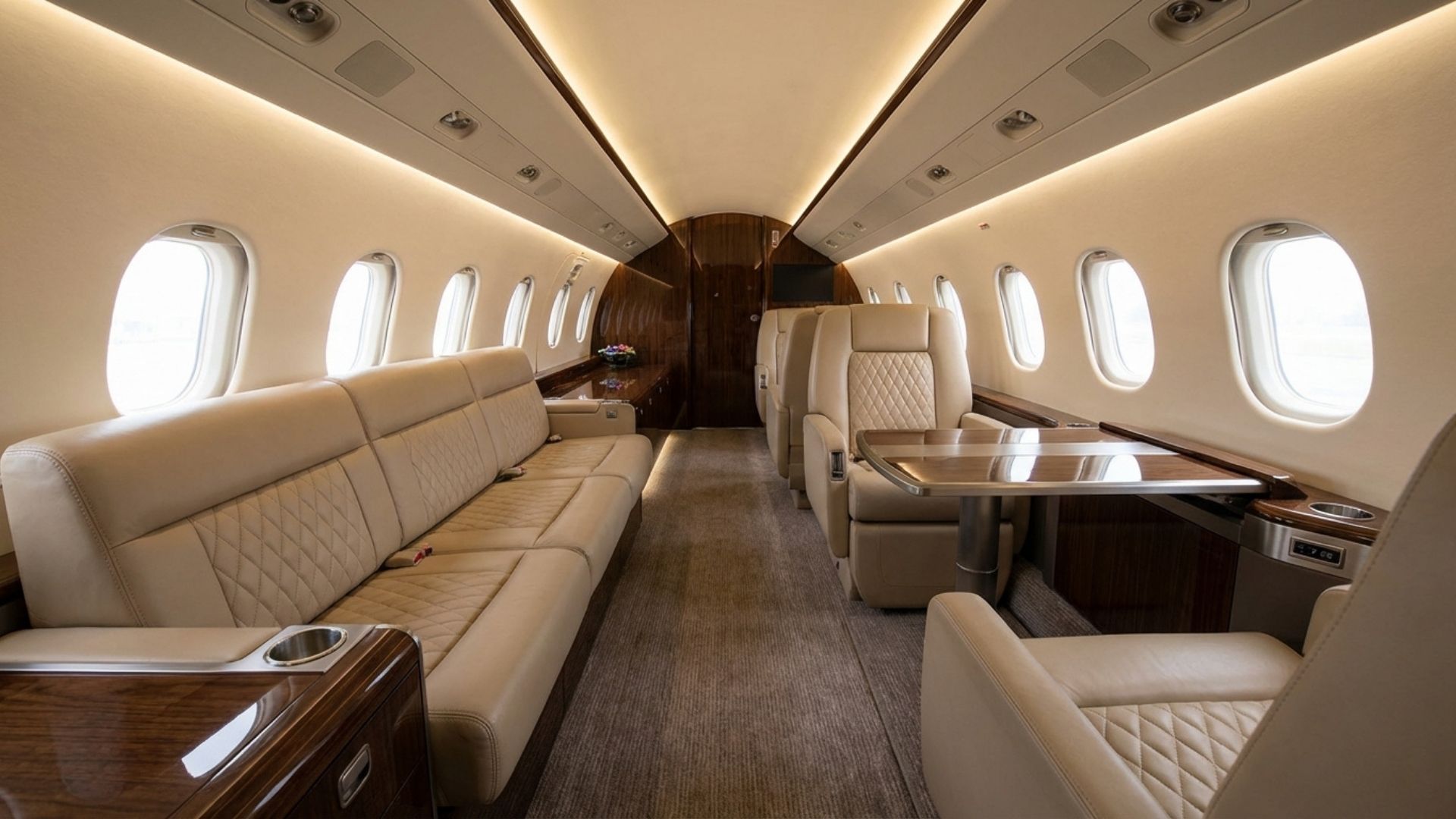 Luxury private jet interior with cream leather seats, wood trim, and conference table in spacious business cabin.