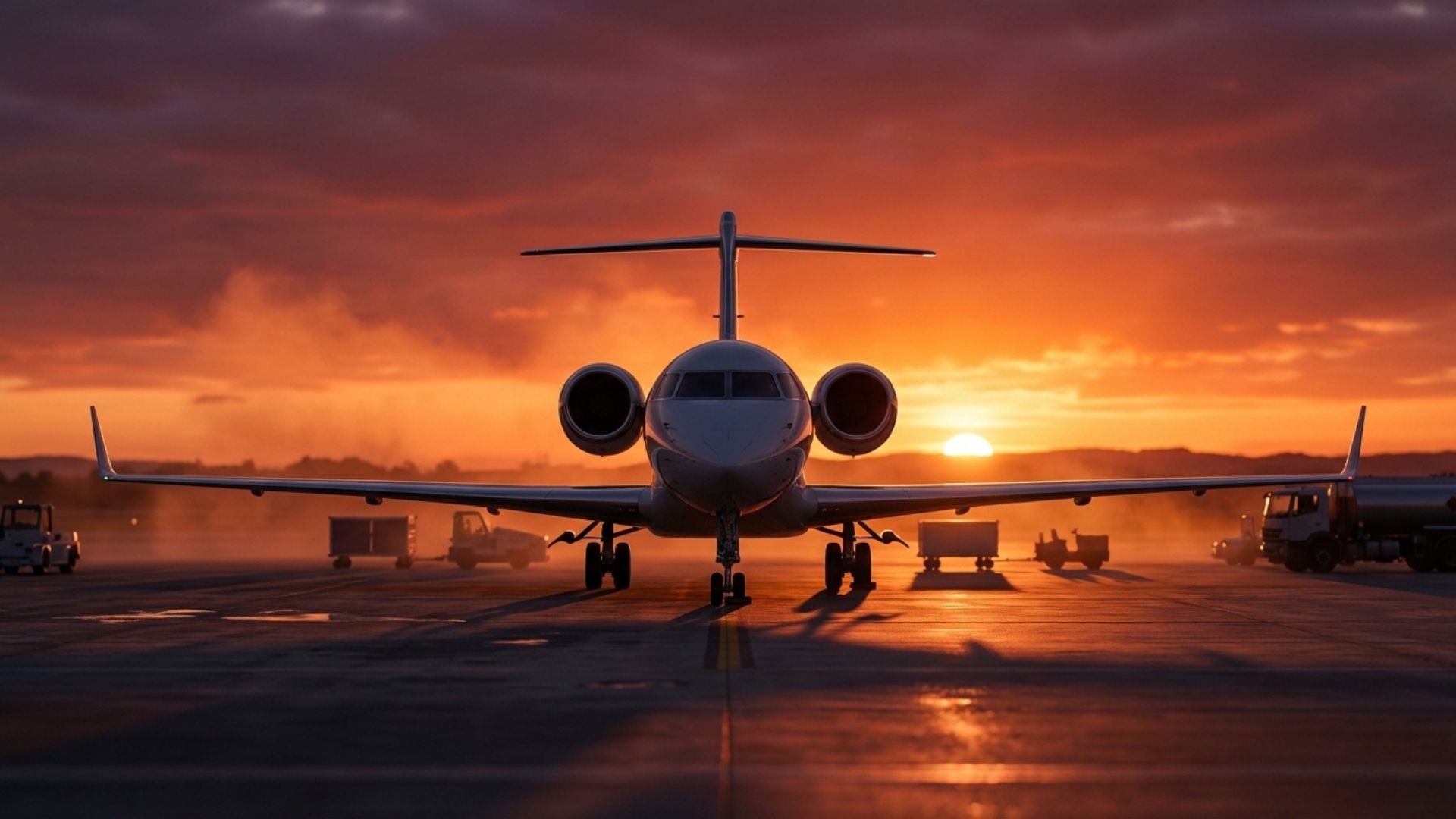 Private jet on airport tarmac at sunset, front view with ground support vehicles and glowing sky