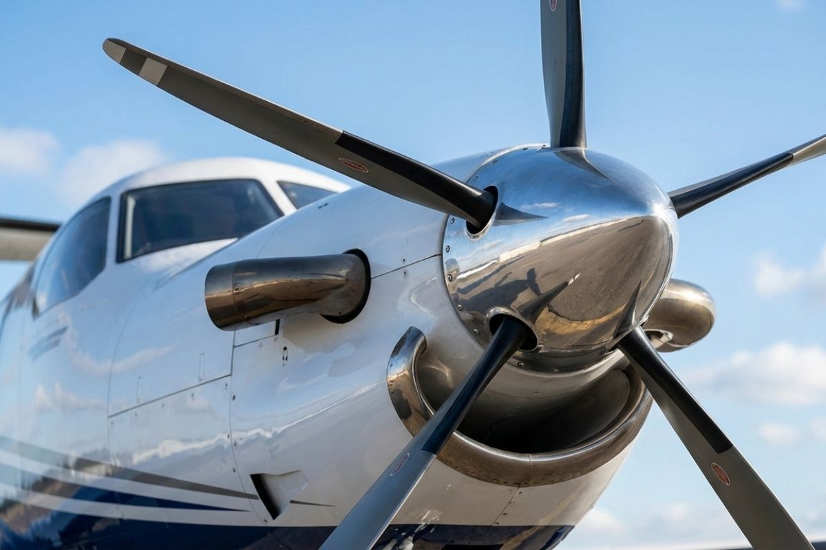 Close-up of private turboprop aircraft propeller and nose cone on runway under blue sky