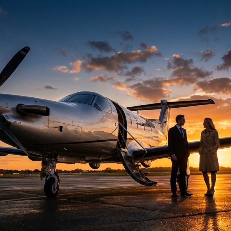 Private jet on runway at sunset with two business travelers boarding—luxury aircraft charter travel