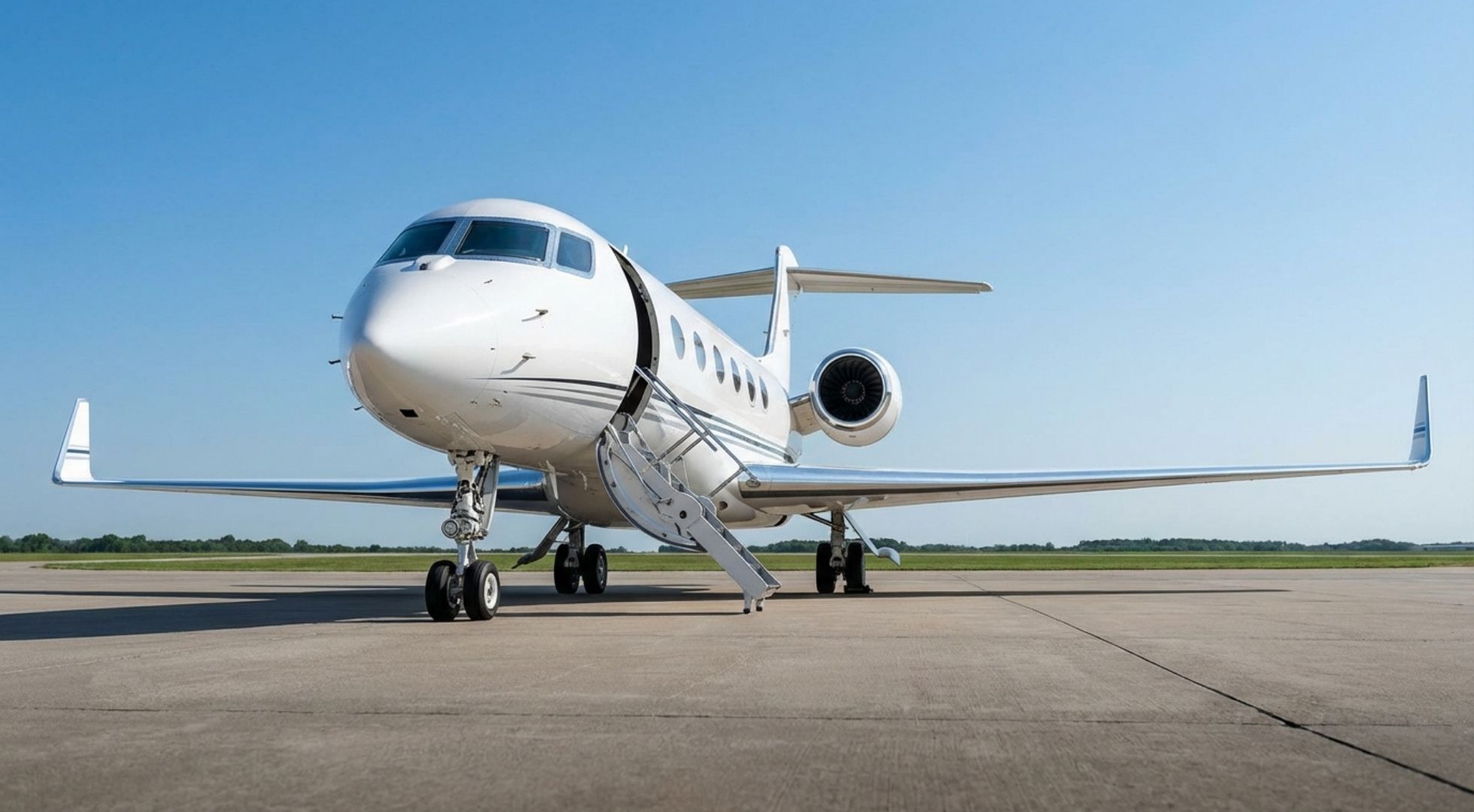Luxury private jet on airport tarmac with stairs deployed, business aircraft ready for charter flight under blue sky