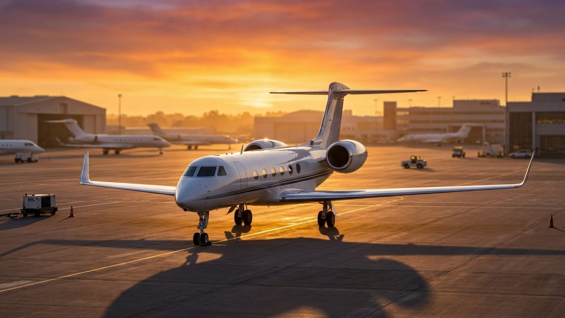 Luxury private jet on airport tarmac at sunset, business aviation charter ready for departure