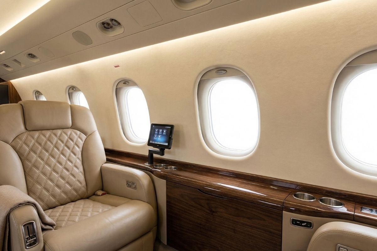 Luxury private jet interior with beige leather seat, wood veneer console, windows and touchscreen control panel