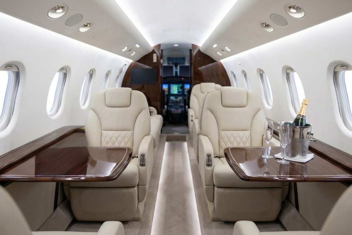 Luxury private jet cabin with cream leather seats, glossy wood tables, and champagne on ice.