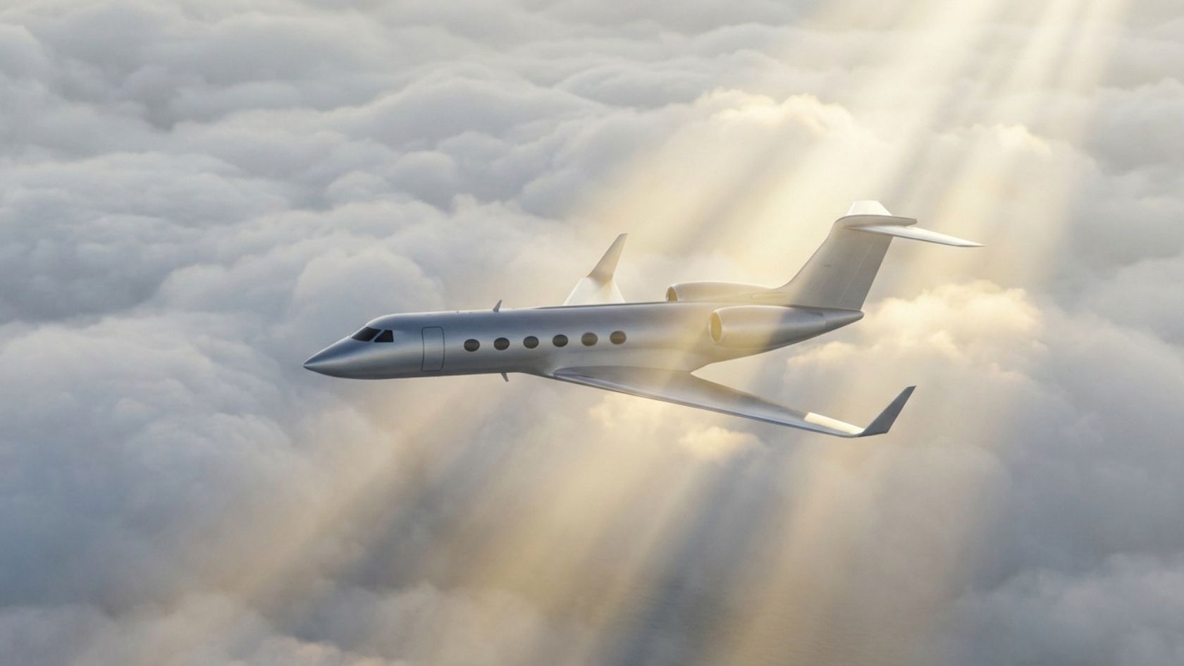 Luxury private jet flying above clouds in golden sunbeams, business aviation and executive travel concept.