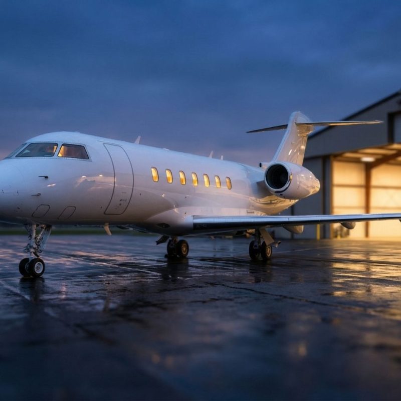 Private jet on wet tarmac at dusk by illuminated hangar, executives boarding for luxury business travel
