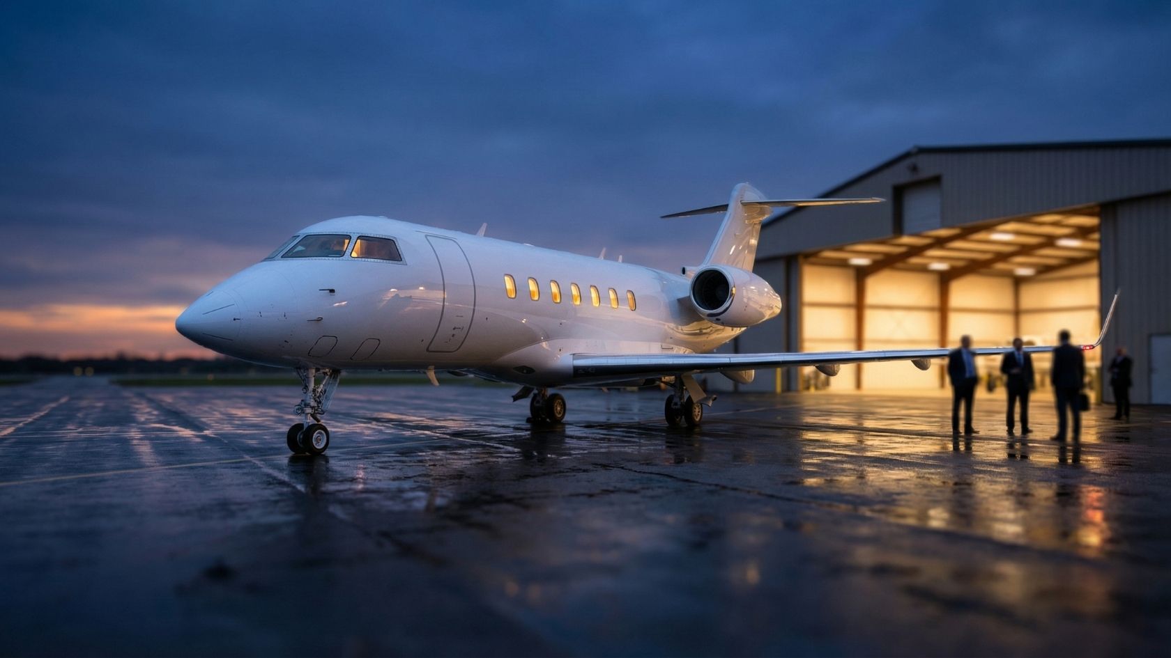 Private jet on wet tarmac at dusk by illuminated hangar, executives boarding for luxury business travel