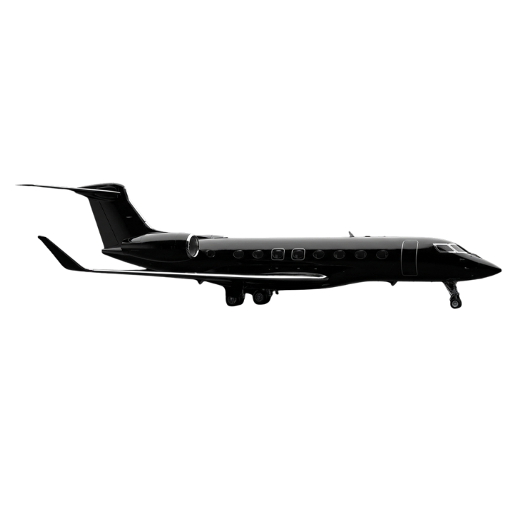 Luxury private jet side profile on black background, sleek business aircraft with landing gear down