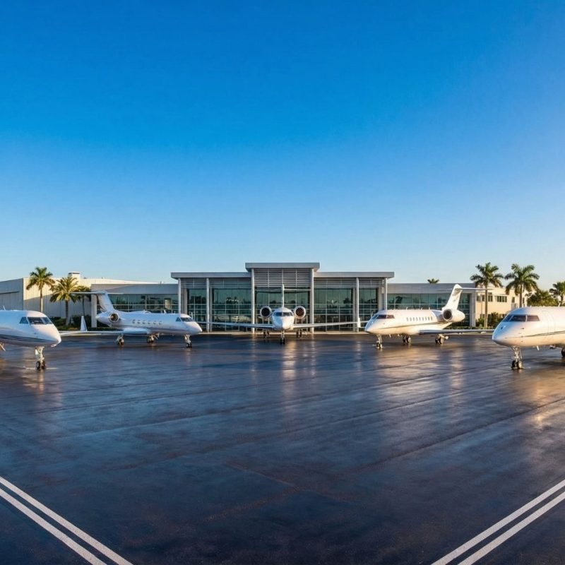 Fleet of private jets on tarmac outside modern FBO terminal, luxury business aviation airport with palm trees