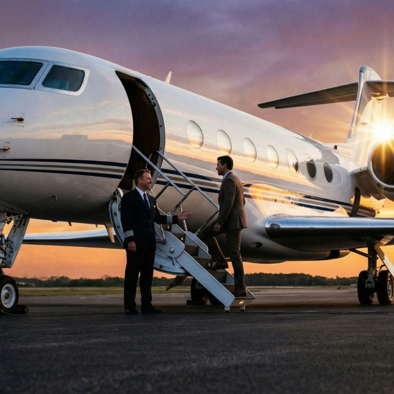 Private jet at sunset as pilot welcomes business traveler aboard on tarmac, luxury charter flight.