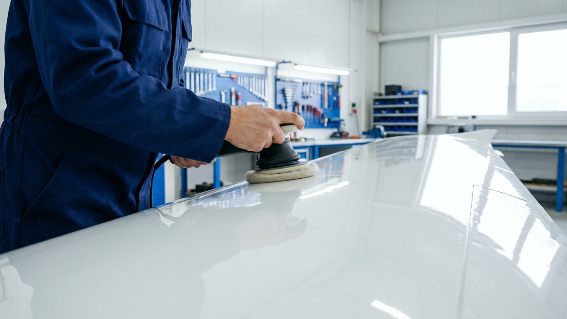 Technician polishing aircraft wing with an orbital buffer in a maintenance workshop, restoring a glossy finish.