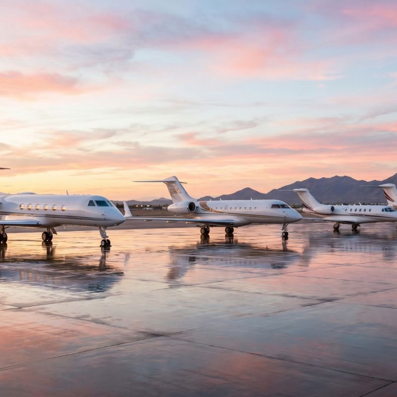 Luxury private jet fleet on wet airport tarmac at sunset with mountain backdrop and terminal—charter business aviation.
