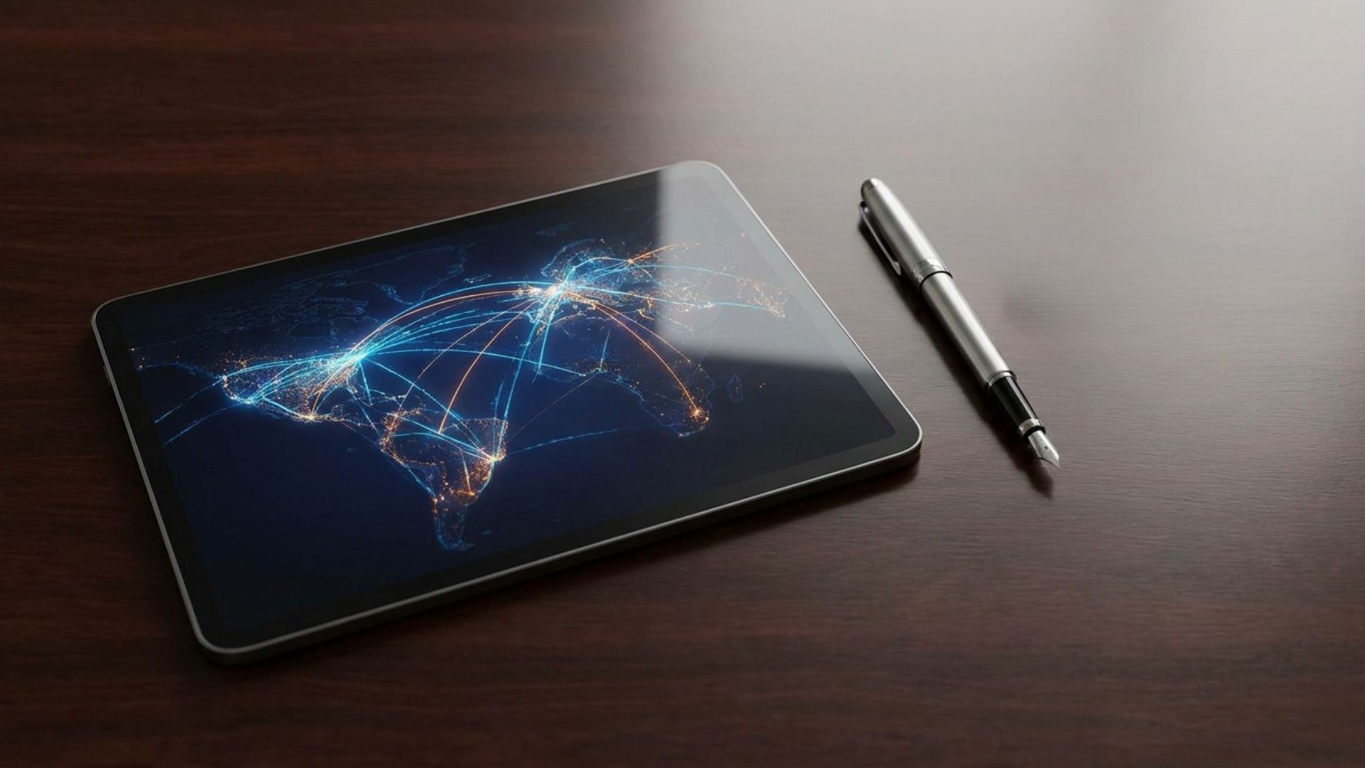 Tablet showing global network map on wooden desk with fountain pen, symbolizing digital connectivity and business tech.