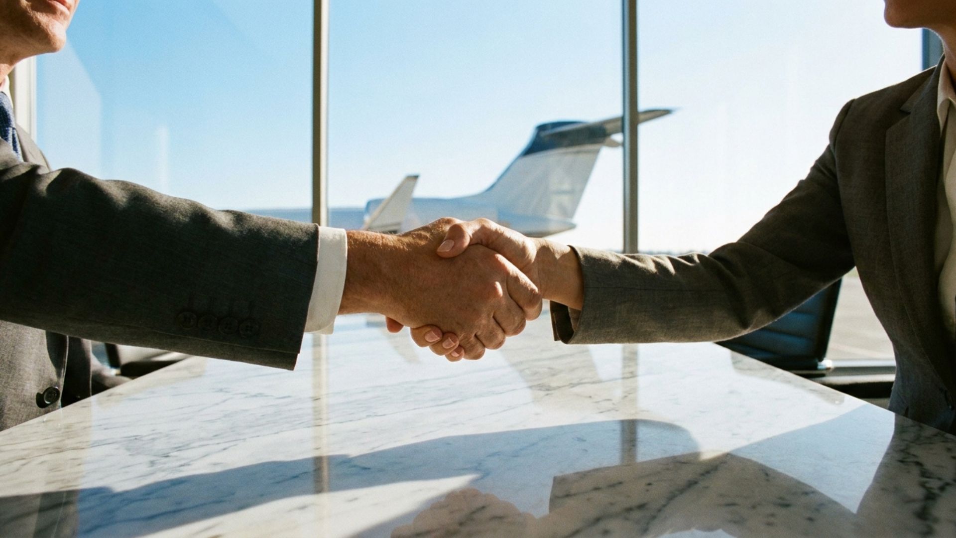 Executives shaking hands in airport lounge with private jet, sealing business deal across marble table.