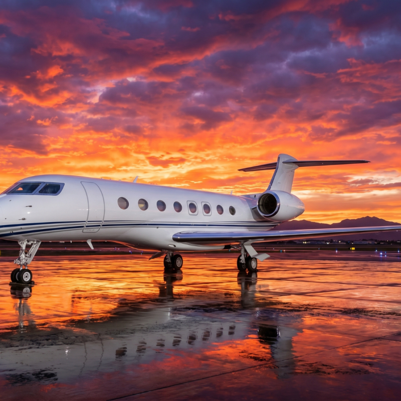 Luxury private jet on runway at sunset, business aviation charter plane with dramatic sky and mountain background.