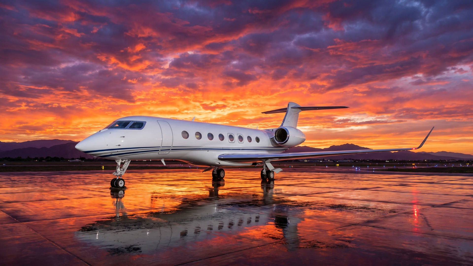 Luxury private jet on runway at sunset, business aviation charter plane with dramatic sky and mountain background.