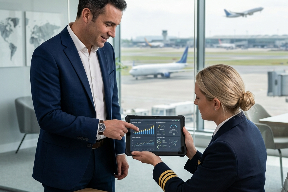 Business professional and airline pilot analyzing flight analytics dashboard on tablet at airport with planes visible