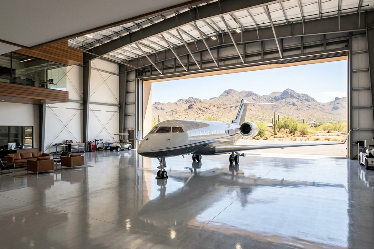 Luxury private jet in open aircraft hangar with desert mountain backdrop and polished floor, business aviation.