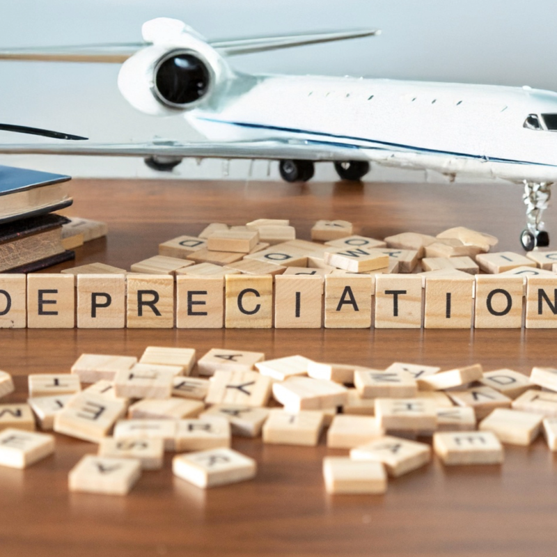 Aircraft depreciation accounting concept with wooden tiles and business jet model on a desk