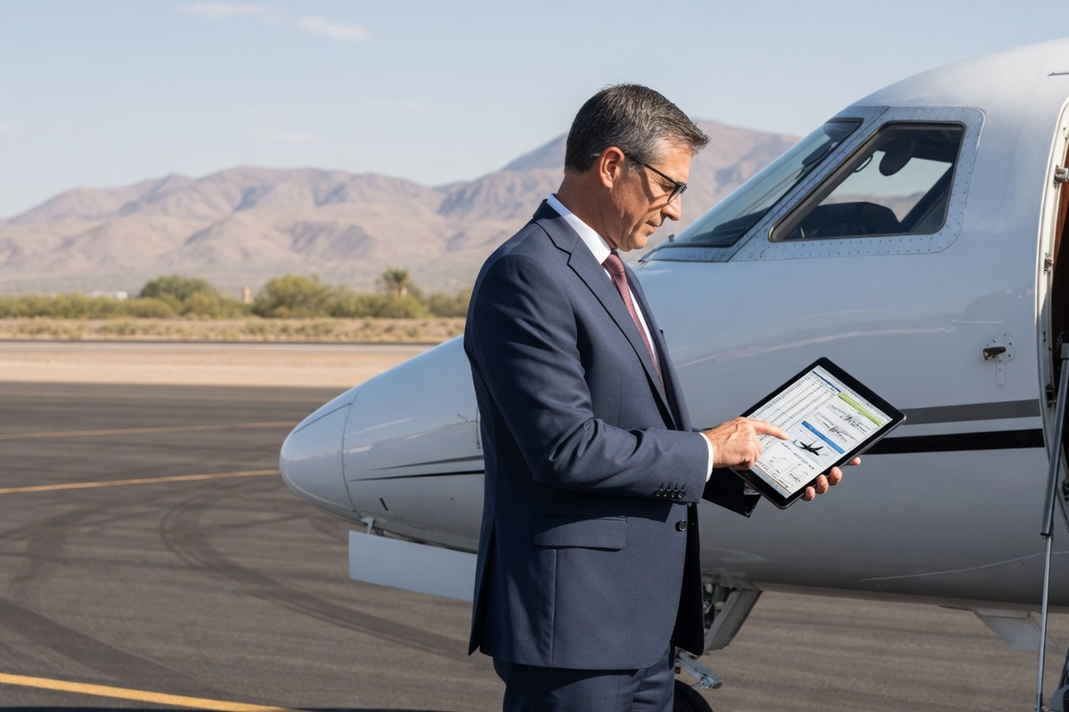 Executive uses tablet by private jet on runway, reviewing flight data; corporate travel and aviation tech