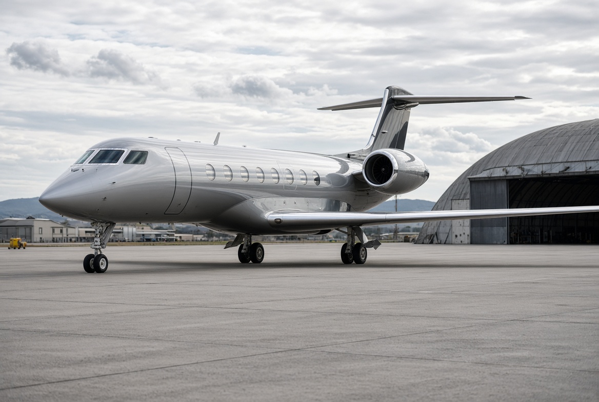 Sleek private jet on airport tarmac near hangar under cloudy sky, business aviation charter aircraft ready for takeoff.