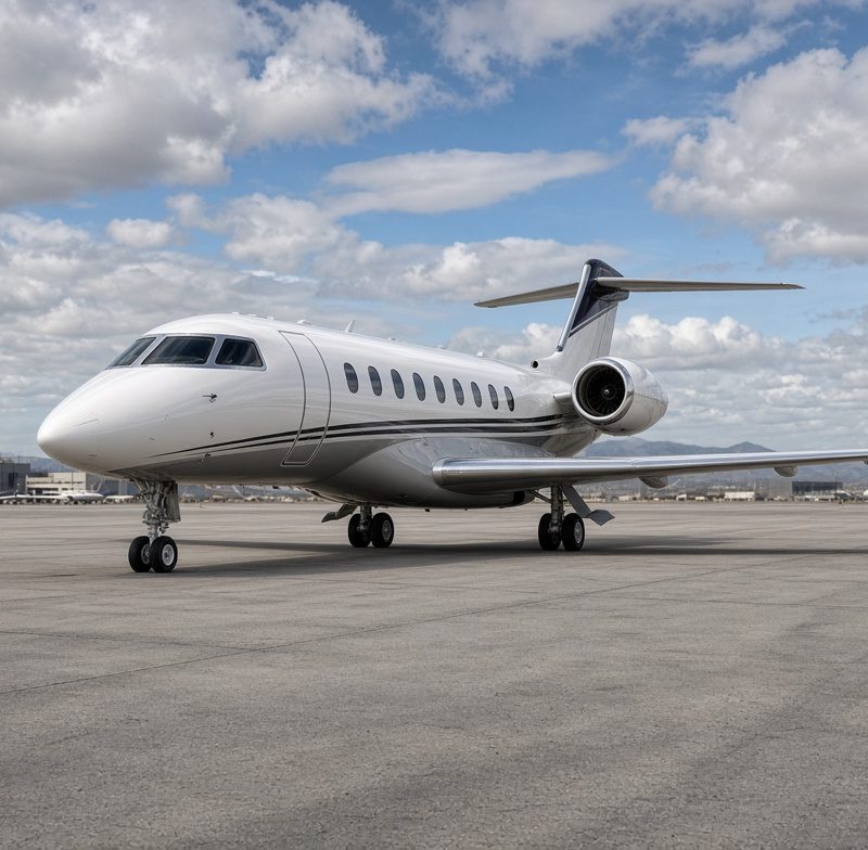 Luxury private jet on airport tarmac under blue sky, business aircraft ready for charter flight departure.
