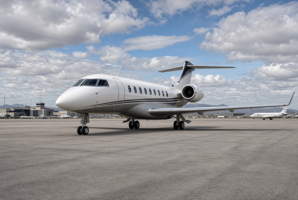 Luxury private jet on airport tarmac under blue sky, business aircraft ready for charter flight departure.