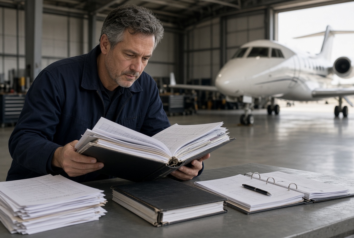 Aircraft maintenance technician reviewing logbooks in hangar, private jet in background