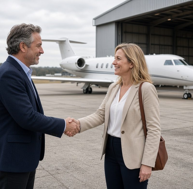 Business executives shake hands on airport tarmac beside private jet and hangar, sealing a corporate travel deal