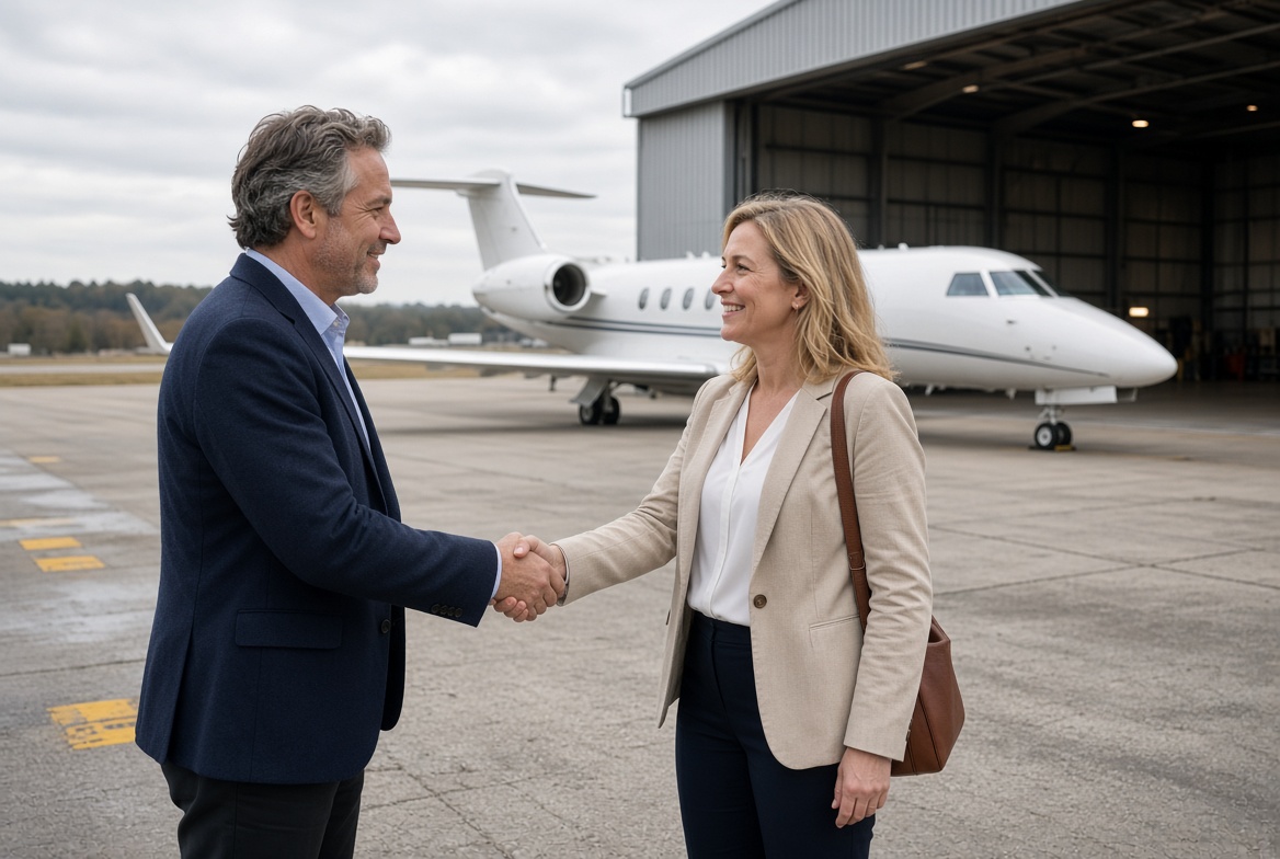 Business executives shake hands on airport tarmac beside private jet and hangar, sealing a corporate travel deal
