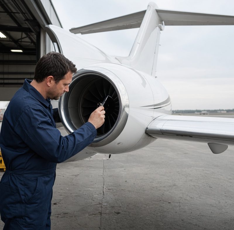 Aviation mechanic inspecting private jet engine with flashlight at hangar, aircraft maintenance safety check on tarmac.