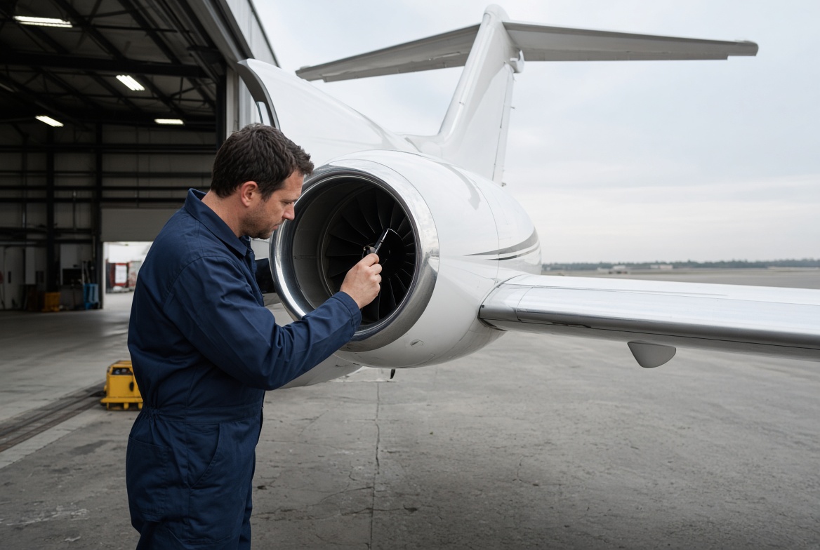 Aviation mechanic inspecting private jet engine with flashlight at hangar, aircraft maintenance safety check on tarmac.
