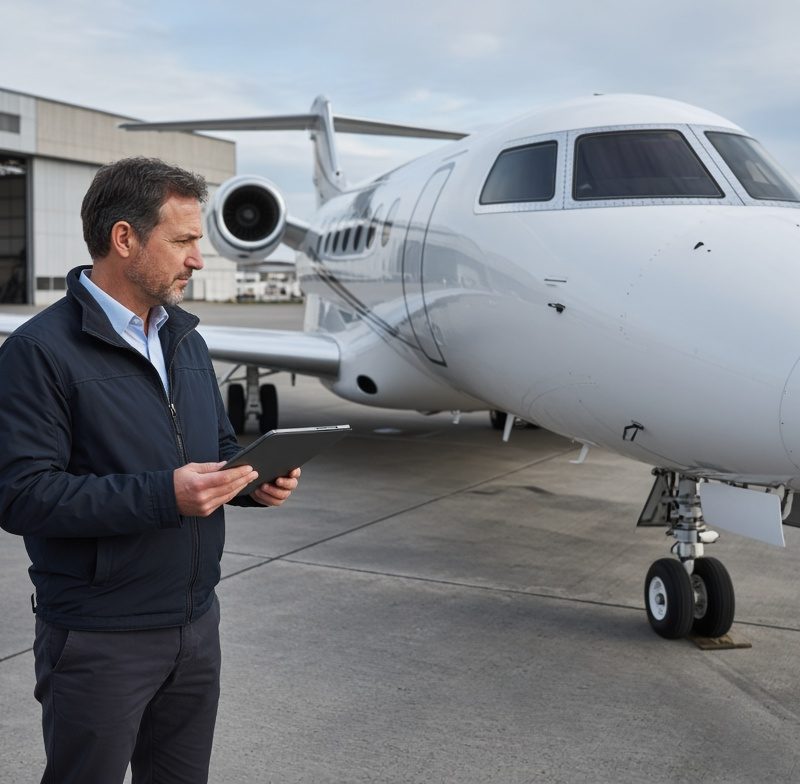 Man using tablet beside private jet on airport tarmac near hangar, inspecting executive jet before flight.