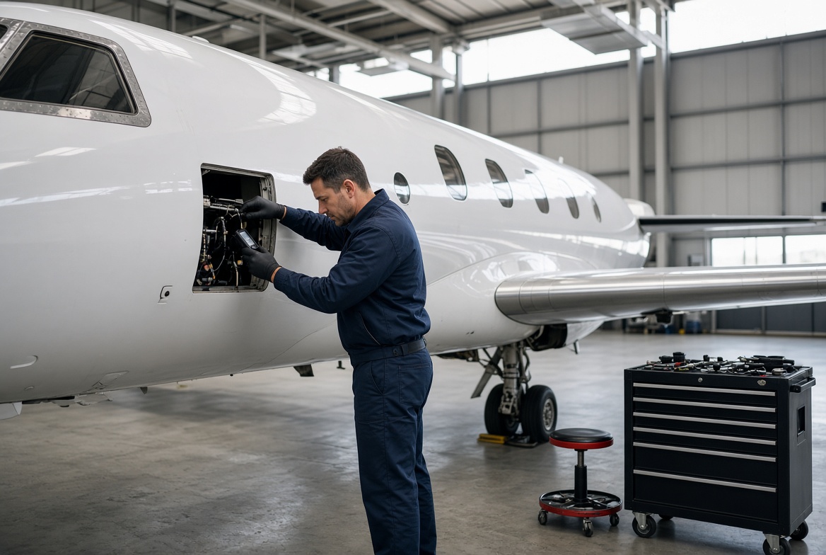 Aircraft mechanic servicing private jet in hangar, inspecting systems through open access panel beside tool cart