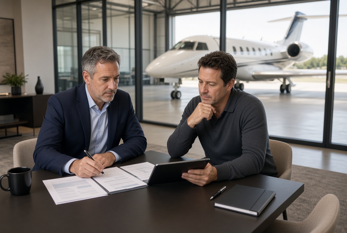 Business executives review private jet financing documents on a tablet in an airport hangar office.