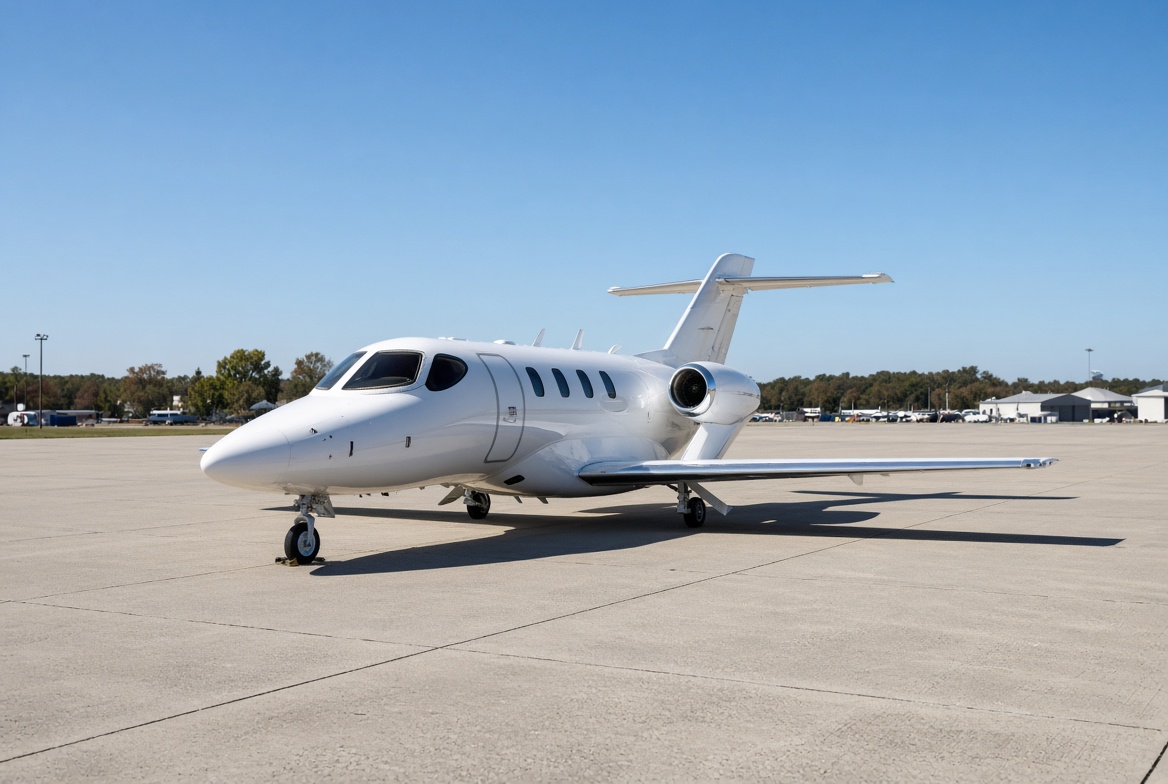 Sleek white private jet on airport tarmac under blue sky, business aviation charter aircraft ready for luxury travel