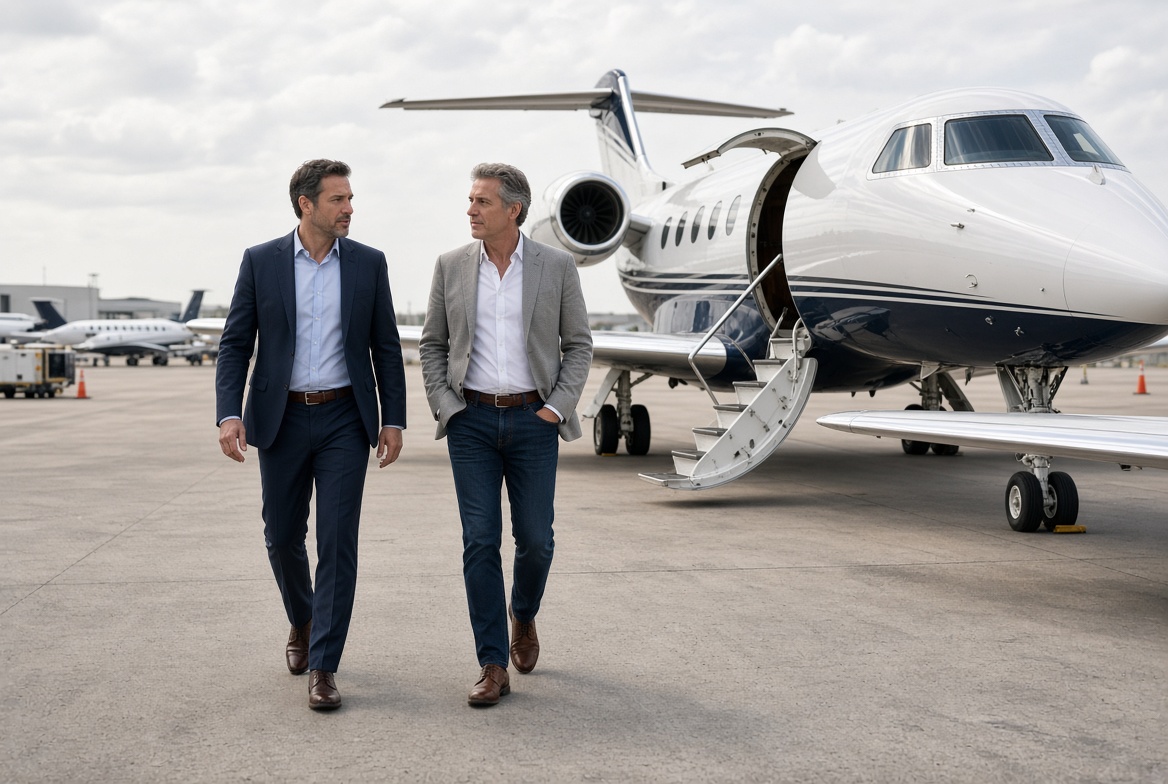 Business executives walking on airport tarmac beside private jet, corporate travel and luxury aviation concept.
